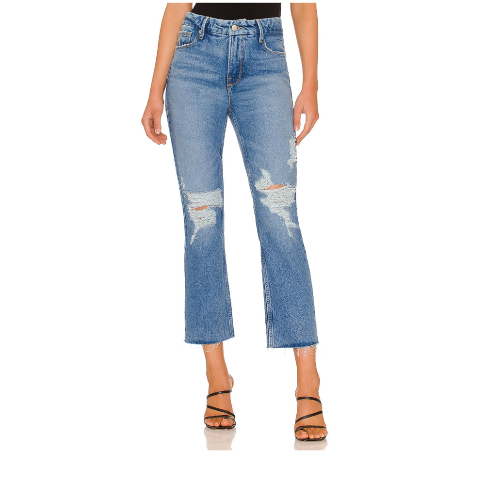Good American Good Icon Crop Festival Rips Jeans Womens Blue High Rise 10 / 30 - Picture 4 of 14